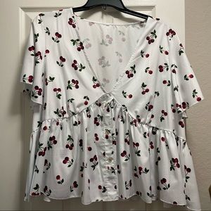 PLUS size Cherry Print Ruffle Hem Blouse